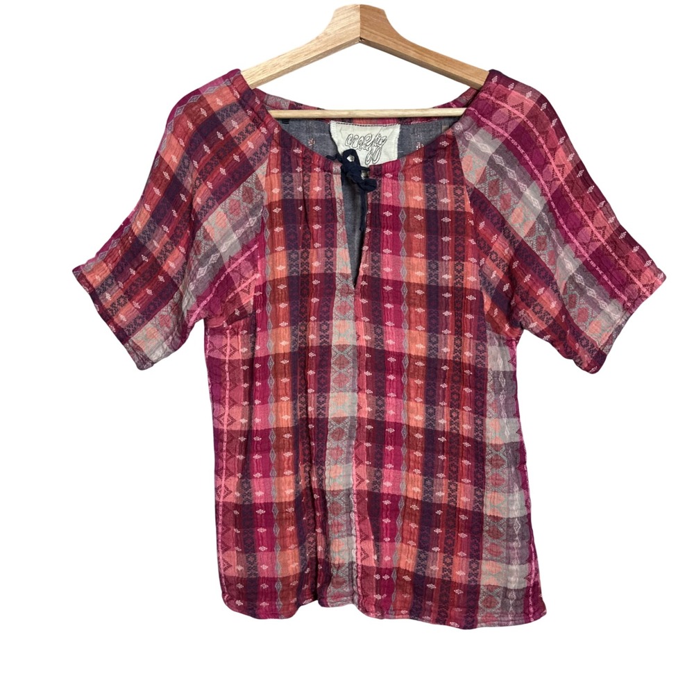 Ace & Jig Pink Purple Plaid Metallic Split Neck Short Sleeve Blouse Top Medium